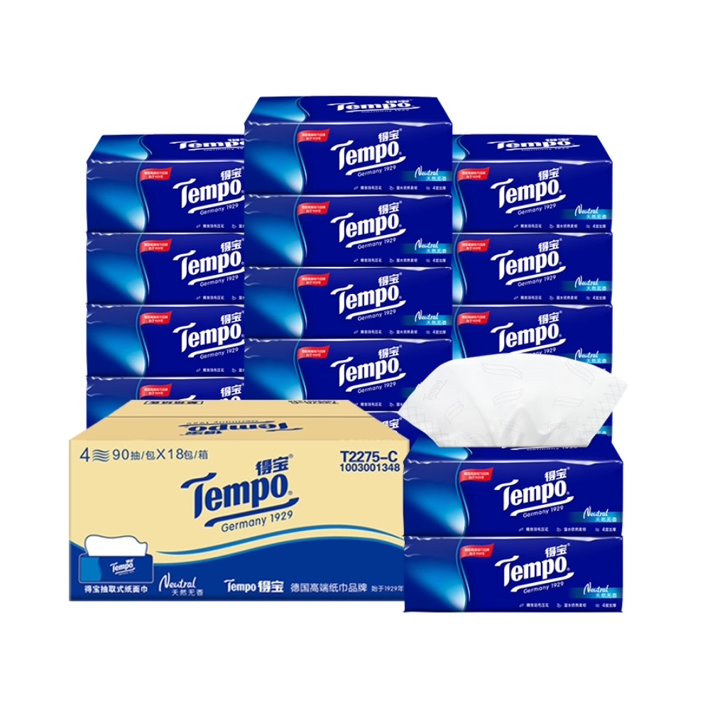 得宝Tempo无香抽纸4层90抽18包 T2275-C